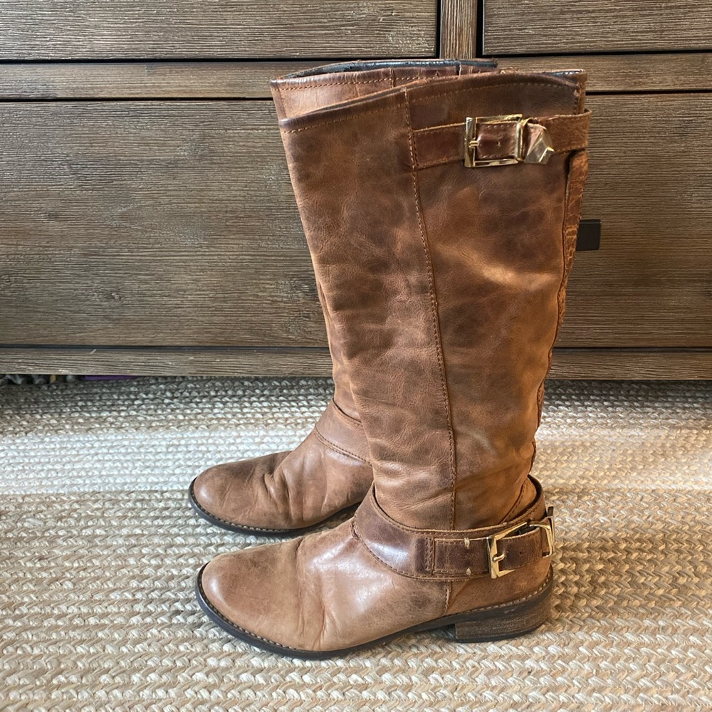 Steve Madden Tan Over the Knee Boots with Gold Buckles